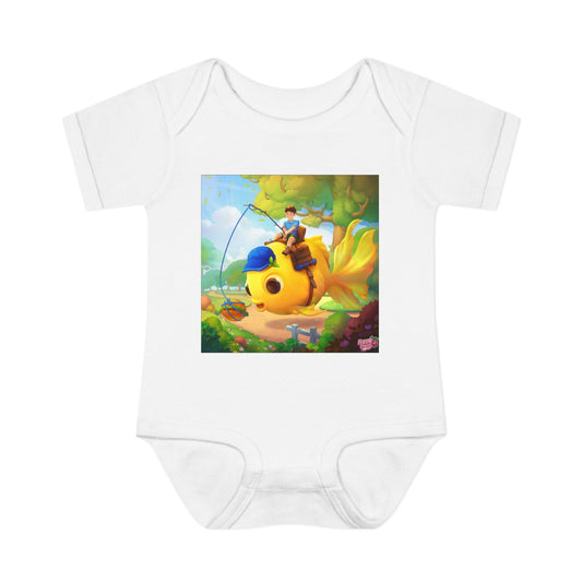 Infant Bodysuit — Cute Fisherman on Yellow Fish Baby Onesie