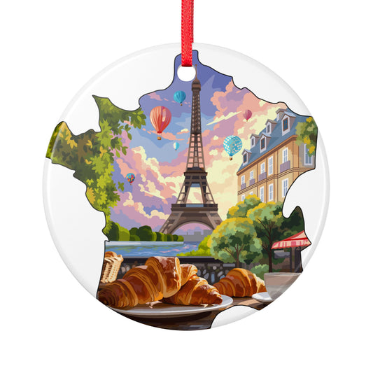 Paris Breakfast Ceramic Ornament — Eiffel Tower Croissants Holiday Decoration