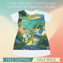 Coastal Village Scenic T‑Shirt Dress — Sea View Illustration AOP Printify