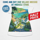 Coastal Village Scenic T‑Shirt Dress — Sea View Illustration AOP Printify