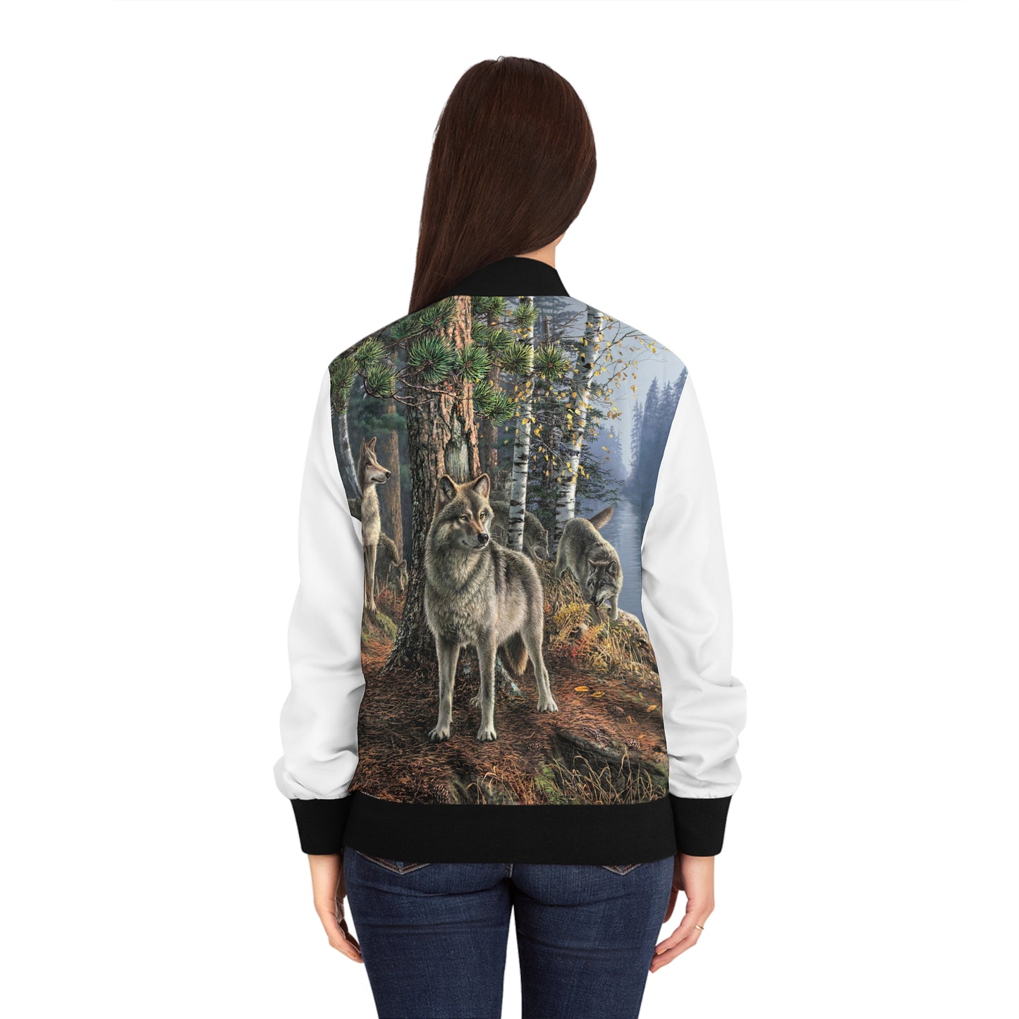 Women's Wolf Pack Bomber Jacket — Scenic Nature Back Print