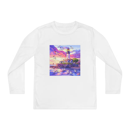 Youth Long Sleeve Tee — Colorful Lighthouse Sunset Graphic