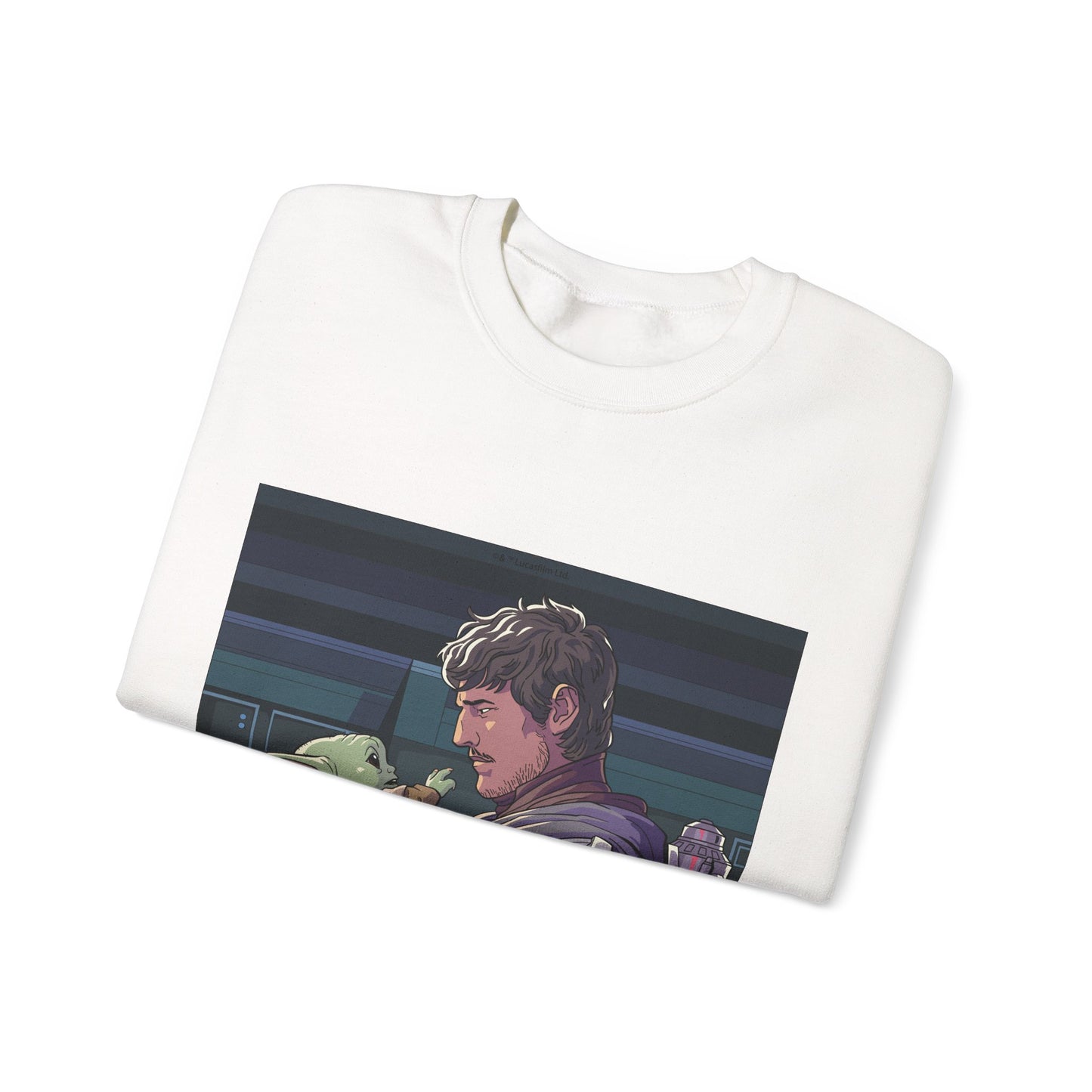 Crewneck Sweatshirt — Space Warrior Holding Baby Alien Graphic