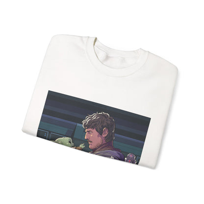 Crewneck Sweatshirt — Space Warrior Holding Baby Alien Graphic
