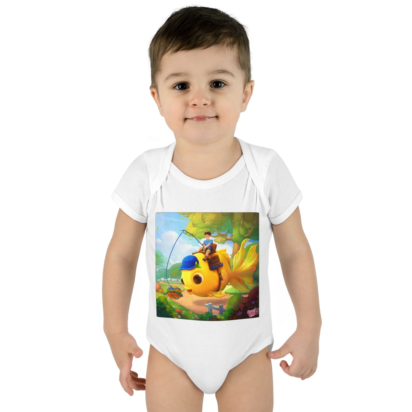 Infant Bodysuit — Cute Fisherman on Yellow Fish Baby Onesie