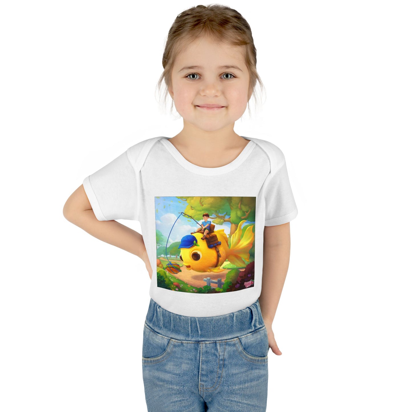 Infant Bodysuit — Cute Fisherman on Yellow Fish Baby Onesie