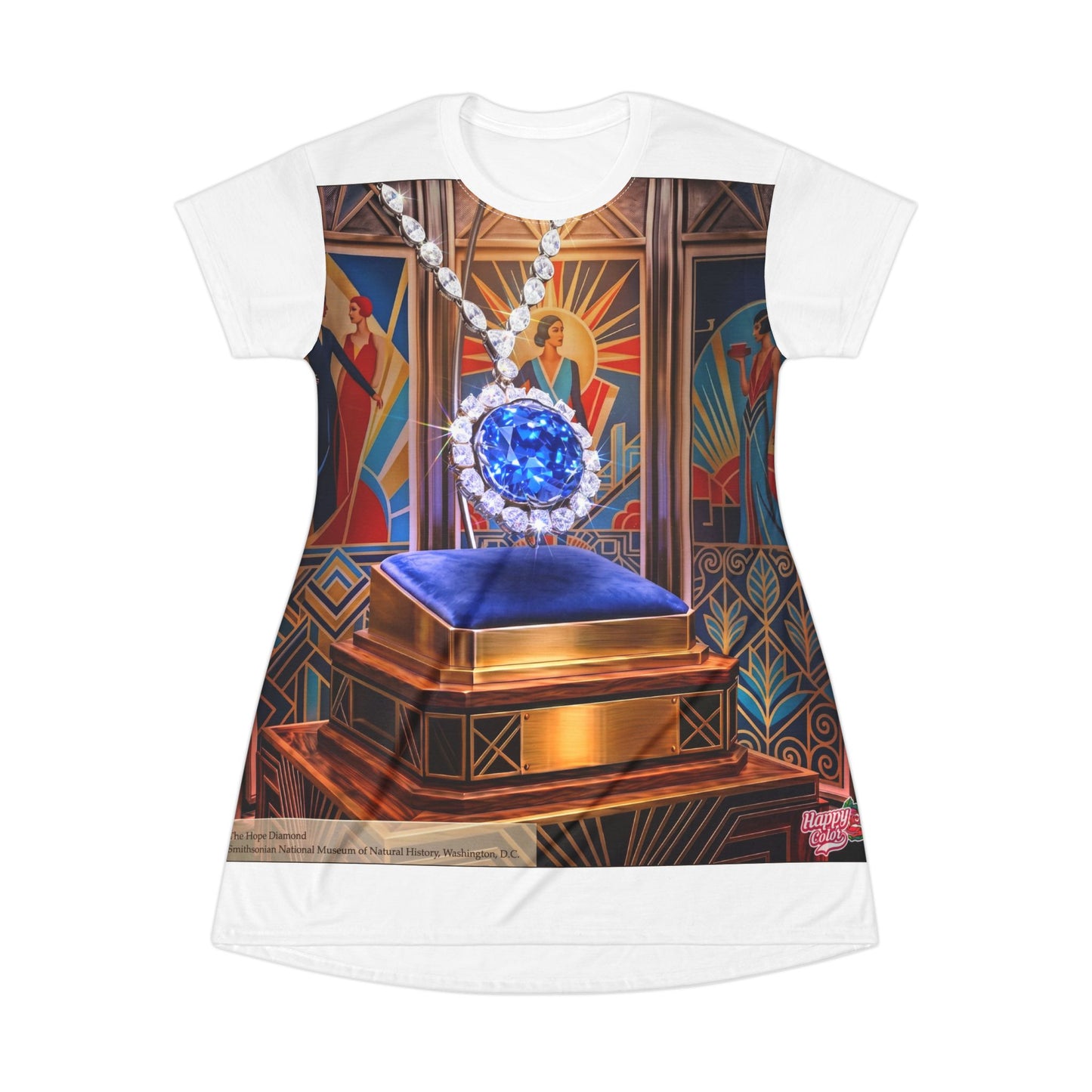 Art Deco Sapphire Necklace T‑Shirt Dress – Vintage Jewelry Illustration AOP