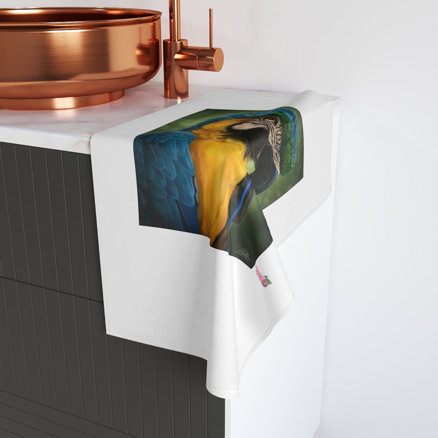 Blue-and-Gold Macaw Hand Towel — Tropical Parrot Kitchen & Bathroom Accent