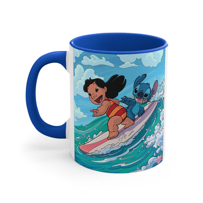 Lilo & Stitch Surfing Accent Mug — Cute Hawaiian Cartoon Coffee Cup (11oz)