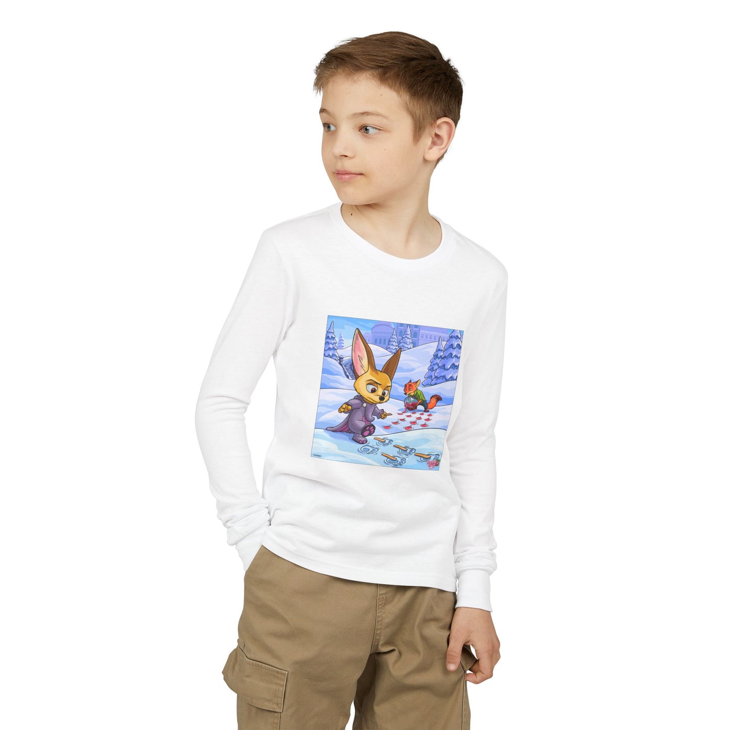 Kids Long Sleeve Tee — Winter Bunny & Fox Snowy Trail Illustration