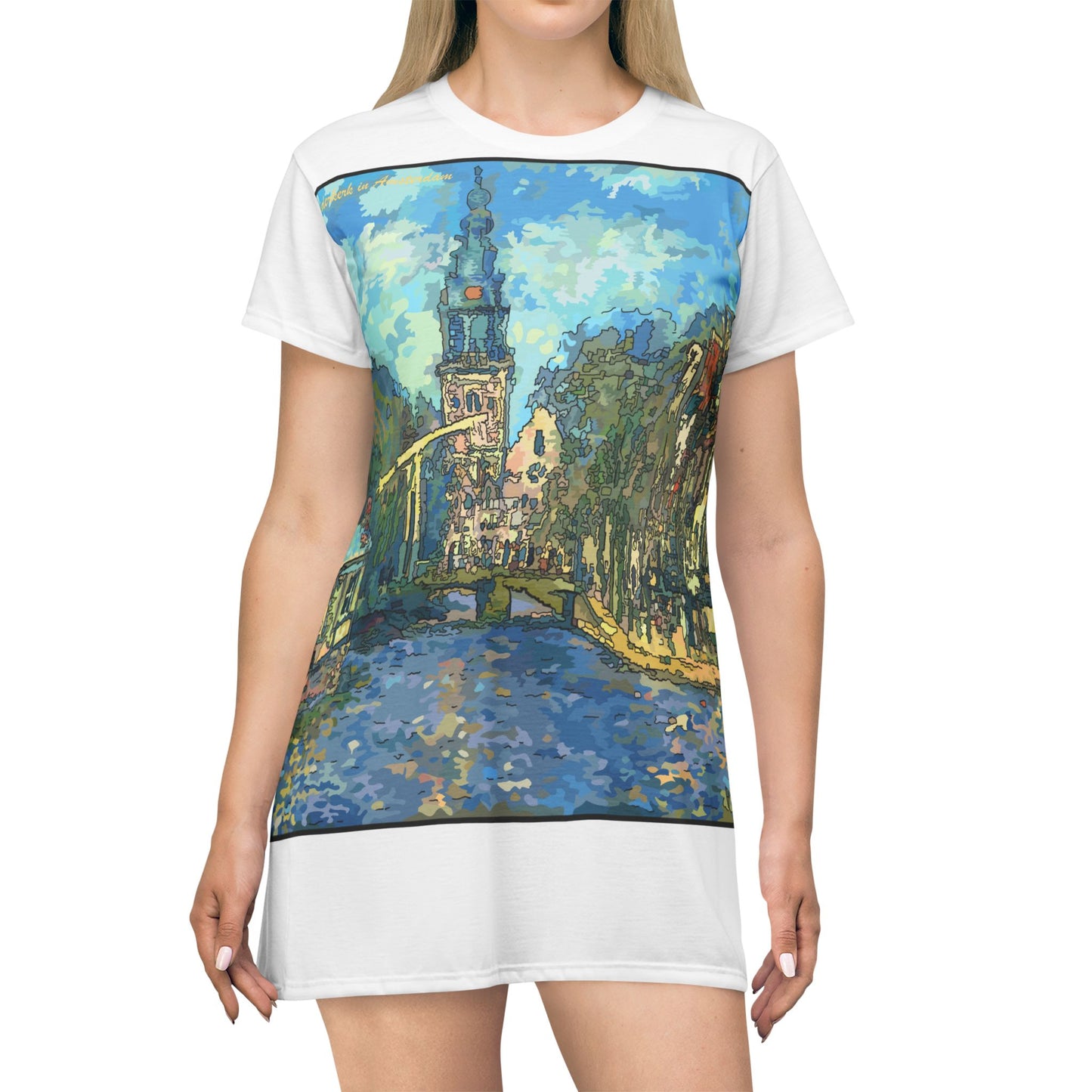 Canal Cityscape T-Shirt Dress — Impressionist Amsterdam Canal Print