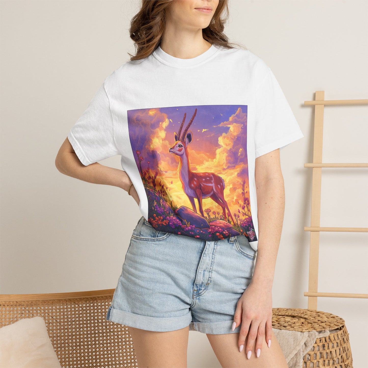Sunset Gazelle T-Shirt — Majestic Deer Illustration Tee