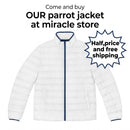 Parrot Art Puffer Jacket — Colorful Blue & Gold Macaw Print Printify