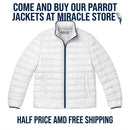 Parrot Art Puffer Jacket — Colorful Blue & Gold Macaw Print Printify