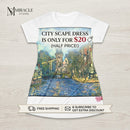 Canal Cityscape T-Shirt Dress — Impressionist Amsterdam Canal Print Printify