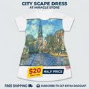 Canal Cityscape T-Shirt Dress — Impressionist Amsterdam Canal Print Printify