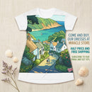 Coastal Village Scenic T‑Shirt Dress — Sea View Illustration AOP Printify