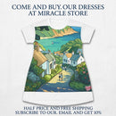 Coastal Village Scenic T‑Shirt Dress — Sea View Illustration AOP Printify