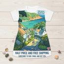 Coastal Village Scenic T‑Shirt Dress — Sea View Illustration AOP Printify