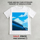 Racing Cityscape T-Shirt — Yellow Sports Car Track Scene Printify