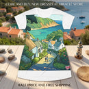 Coastal Village Scenic T‑Shirt Dress — Sea View Illustration AOP Printify