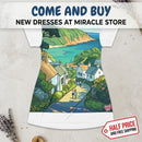 Coastal Village Scenic T‑Shirt Dress — Sea View Illustration AOP Printify