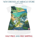 Coastal Village Scenic T‑Shirt Dress — Sea View Illustration AOP Printify