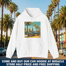 Retro Palm Beach Hoodie – Vintage Convertible Car Sunset Graphic Printify