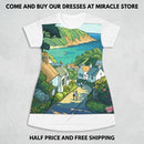 Coastal Village Scenic T‑Shirt Dress — Sea View Illustration AOP Printify