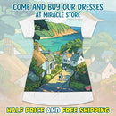 Coastal Village Scenic T‑Shirt Dress — Sea View Illustration AOP Printify