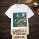 Halloween Ghost Campfire T‑Shirt — Dancing Ghosts in the Woods Graphic Tee Printify