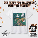 Halloween Ghost Campfire T‑Shirt — Dancing Ghosts in the Woods Graphic Tee Printify