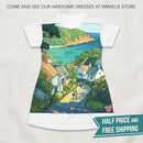 Coastal Village Scenic T‑Shirt Dress — Sea View Illustration AOP Printify