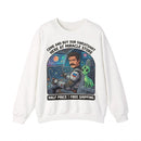 Crewneck Sweatshirt — Space Warrior Holding Baby Alien Graphic Printify